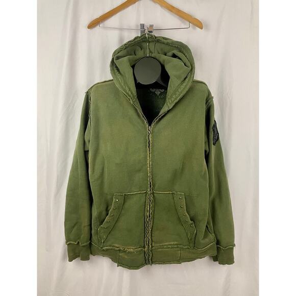 Affliction Green Skull Hoodie Full Zip Light Jacket M Grunge Y2K Distressed Mens - Picture 15 of 16